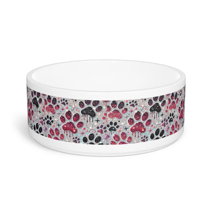 Glitter Paw Print Ceramic Pet Bowl — Pink & Black Glitter Paw Pattern