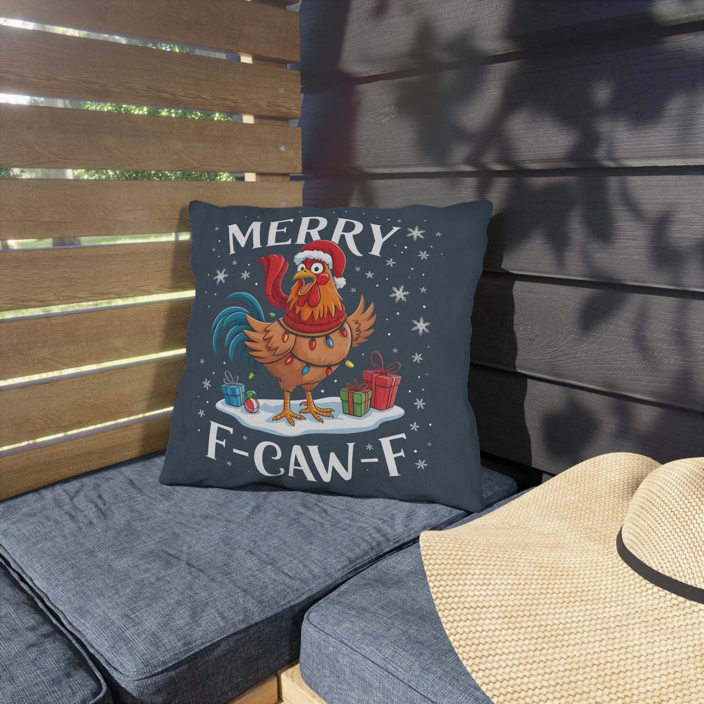 Holiday Rooster Outdoor Pillow — "Merry F‑Caw‑F" Funny Christmas Decor