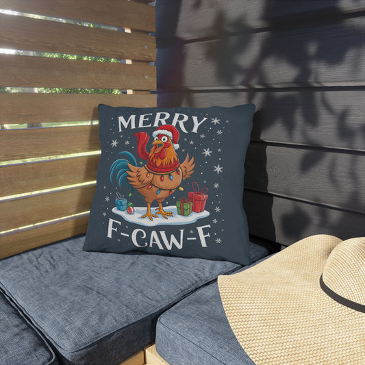 Holiday Rooster Outdoor Pillow — "Merry F‑Caw‑F" Funny Christmas Decor