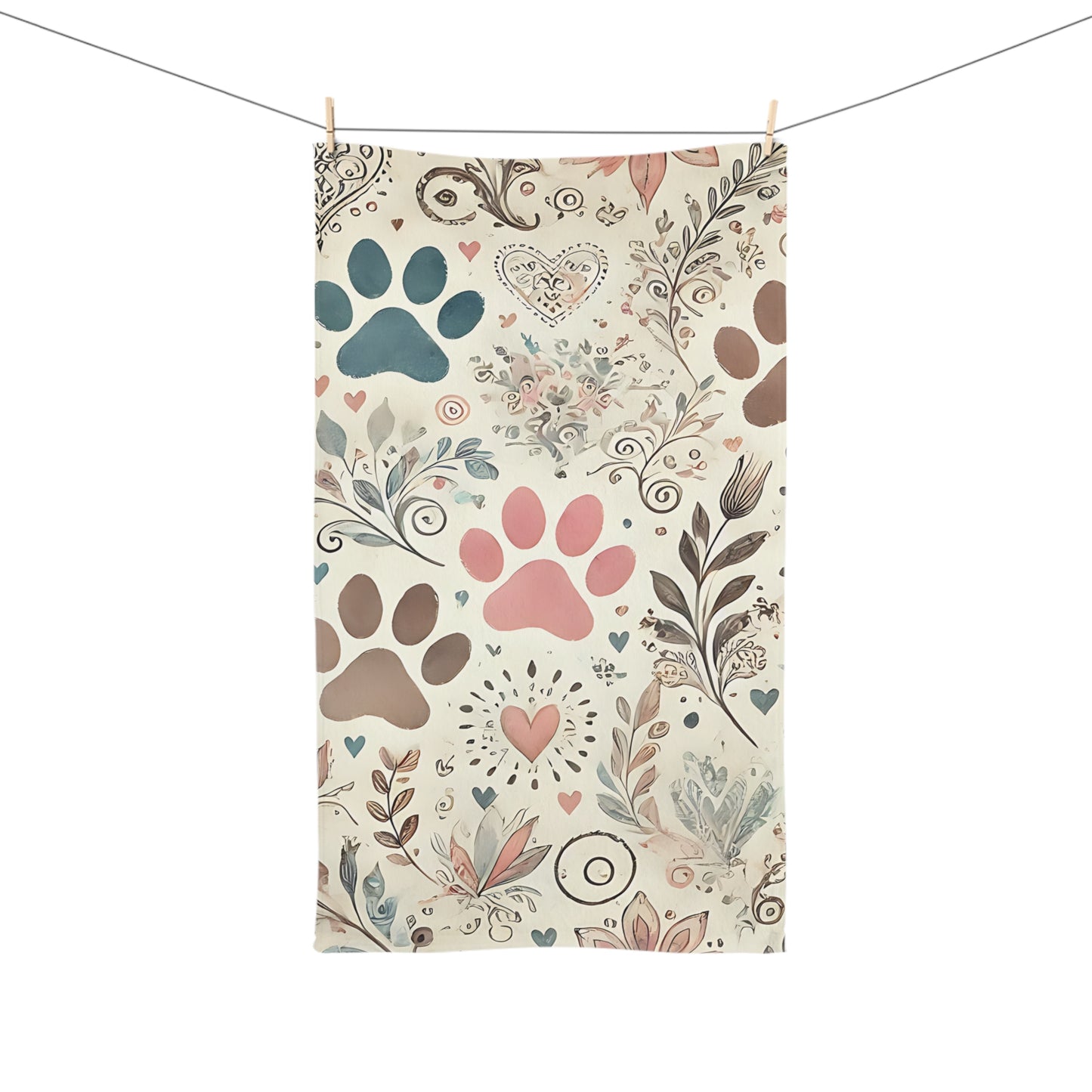 Cute Floral Paw Print Hand Towel, Pet Lover Gift, Dog Mom Decor, Kitchen Towel, Animal Themed Home Textile