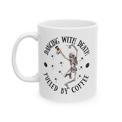 Dancing Skeleton Coffee Mug 11oz 15oz Dancing with Death Coffee Mug | Witchy Ceramic Cup, Occult Gift, Halloween Decor, Ominous Coffee Lover Present, Supernatural Drinking Vessel