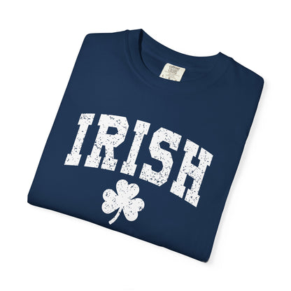 Irish Shamrock T-Shirt — Vintage Green 'IRISH' College Tee for St. Patrick's Day