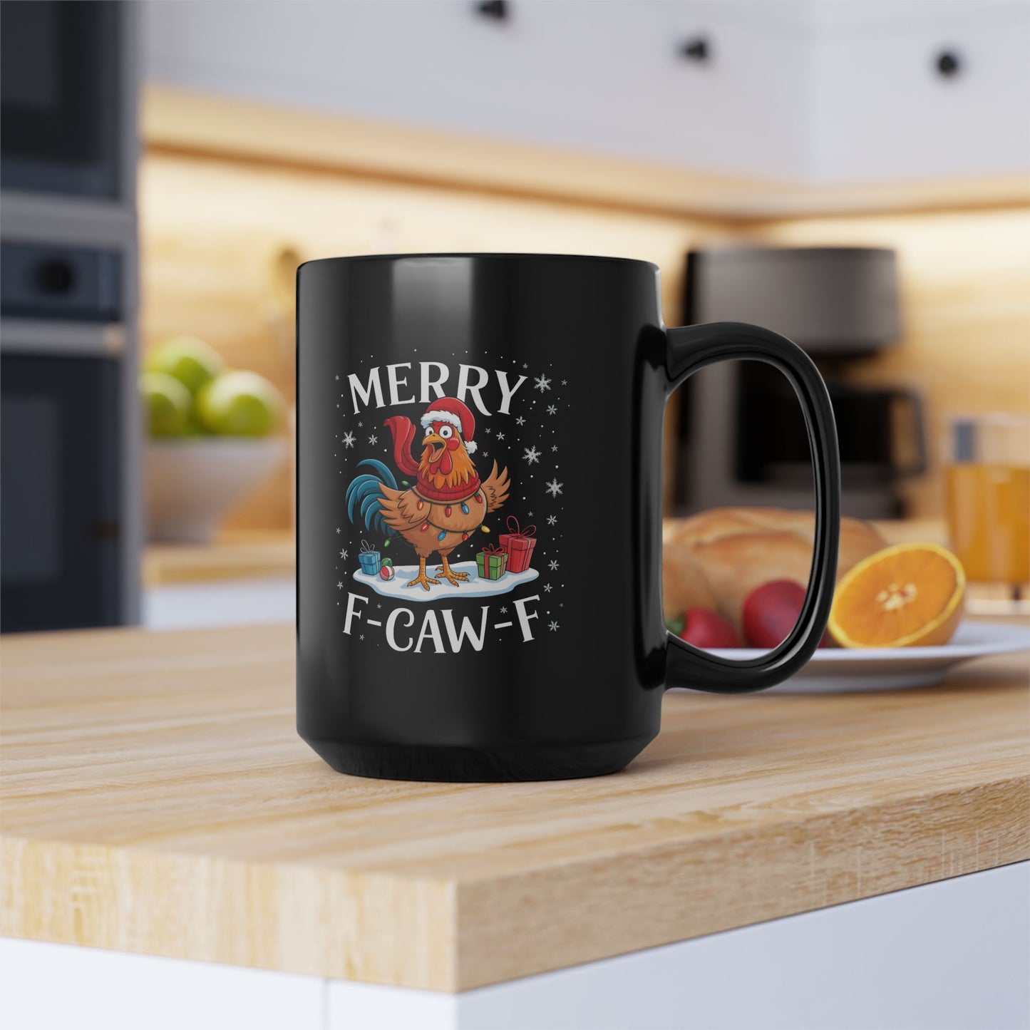 Merry F-Caw-F Rooster Christmas Mug — Funny Holiday Coffee Cup (11oz/15oz)