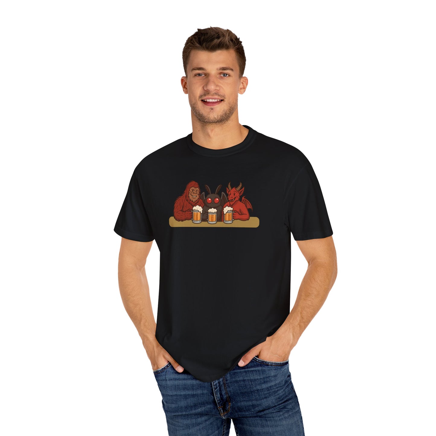 Bigfoot, Mothman and Jersey Devil Drinking Beer Comfort Colors T-Shirt