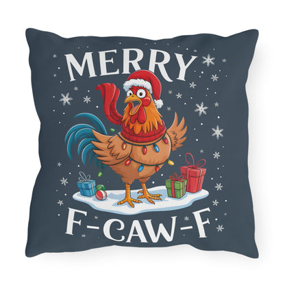 Holiday Rooster Outdoor Pillow — "Merry F‑Caw‑F" Funny Christmas Decor