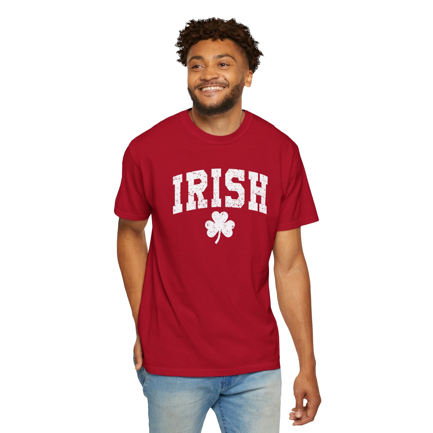 Irish Shamrock T-Shirt — Vintage Green 'IRISH' College Tee for St. Patrick's Day