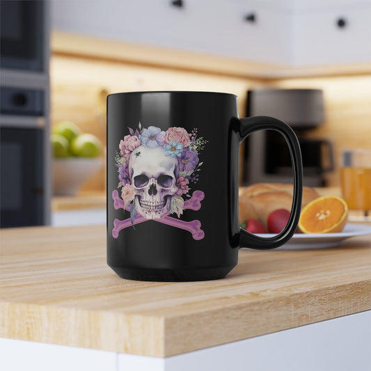 Gothic Floral Skull 15oz Mug Vintage Boho Skull Watercolor Goth Graphic Mug Floral Skull Mug  Floral Skull Black Mug, 15oz Coffee Cup Gothic Home Decor Halloween Gift