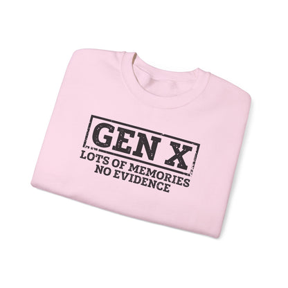 Gen X Crewneck Sweatshirt - "Lots of Memories, No Evidence" Vintage Retro Tee for 40s-50s