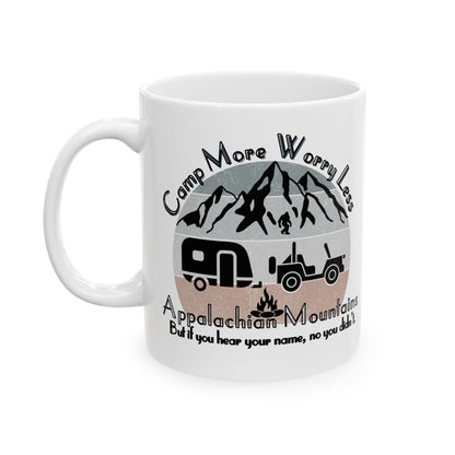 Appalachian Mountains Cryptid Camping Mug 11oz 15oz Adventure Camping Mug, Great for Outdoor Lovers, Funny Camping Gift, RV and Travel Mugs, Nature Enthusiast Gift