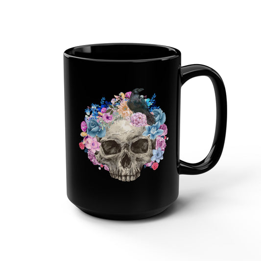 Gothic Floral Skull 15oz Mug Vintage Boho Skull Watercolor Goth Graphic Mug Floral Skull Mug with Crow Floral Skull Black Mug, 15oz Coffee Cup Gothic Home Decor Halloween Gift