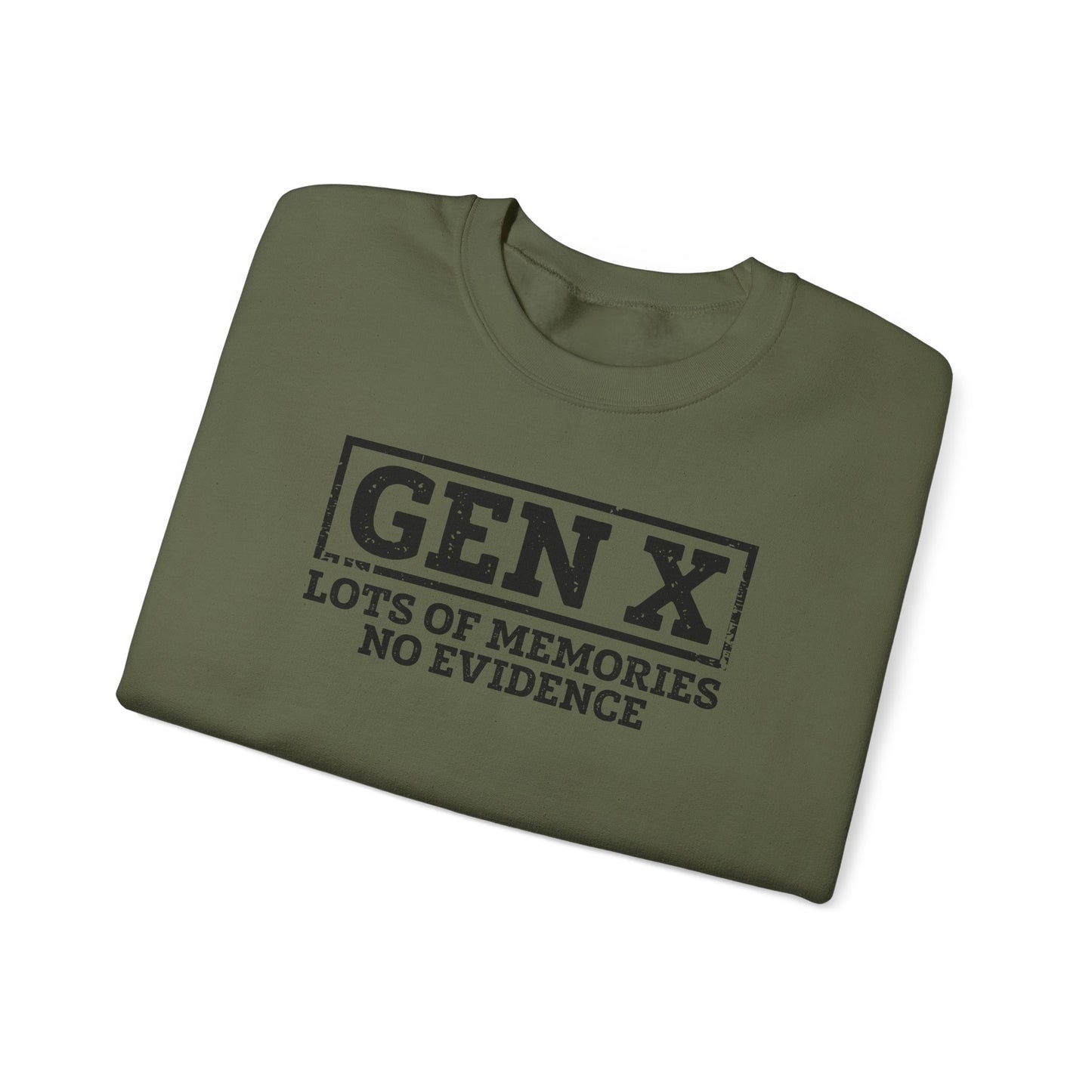 Gen X Crewneck Sweatshirt - "Lots of Memories, No Evidence" Vintage Retro Tee for 40s-50s