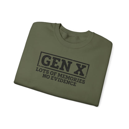 Gen X Crewneck Sweatshirt - "Lots of Memories, No Evidence" Vintage Retro Tee for 40s-50s