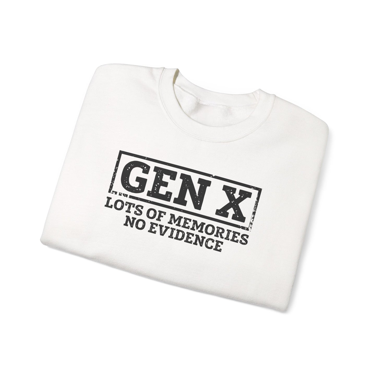 Gen X Crewneck Sweatshirt - "Lots of Memories, No Evidence" Vintage Retro Tee for 40s-50s