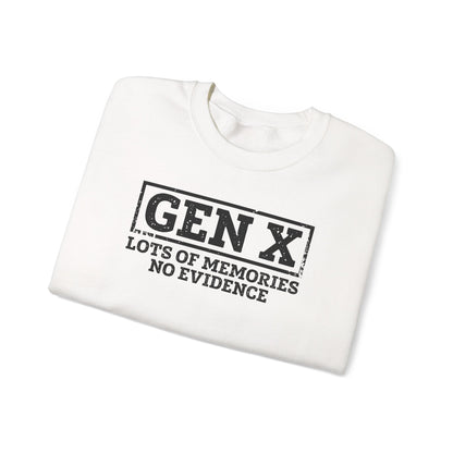Gen X Crewneck Sweatshirt - "Lots of Memories, No Evidence" Vintage Retro Tee for 40s-50s