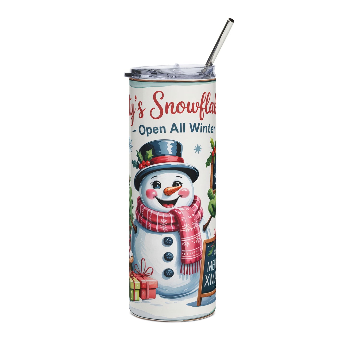 Christmas Snowman Tumbler — 20oz Stainless Steel Holiday Travel Cup (Frosty’s Snowflake Shop Design)