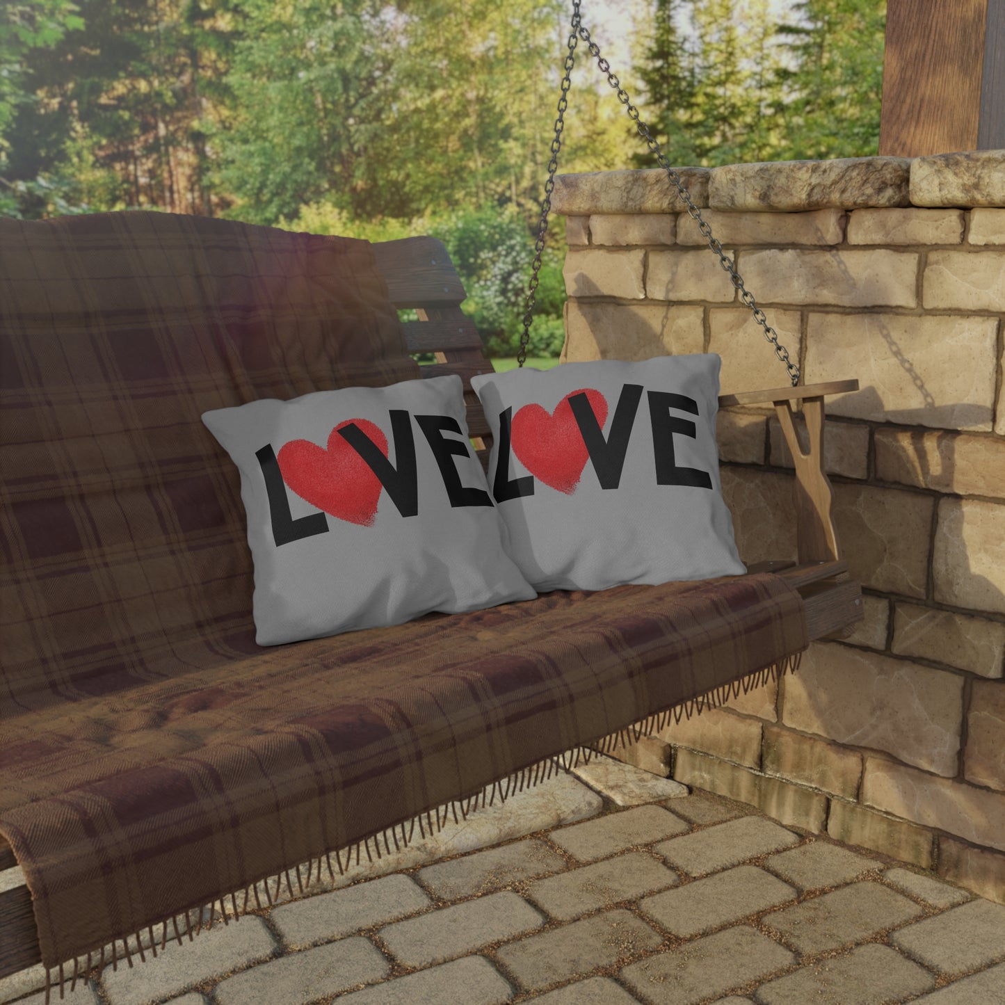 LOVE Heart Outdoor Pillow — Grey Patio Accent Cushion