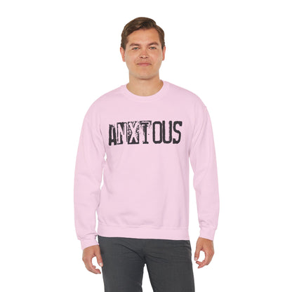 Anxious Graphic Sweatshirt — Distressed Text Crewneck for Anxious Vibes