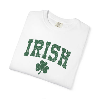 Irish Shamrock T-Shirt — Vintage Green 'IRISH' College Tee for St. Patrick's Day