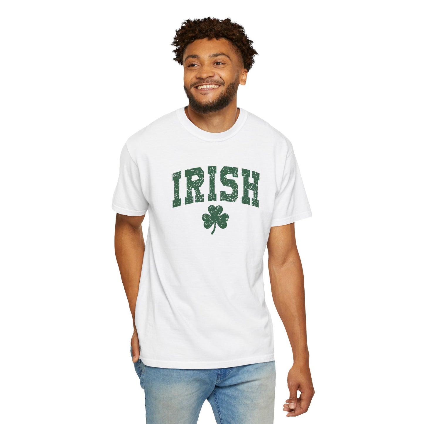 Irish Shamrock T-Shirt — Vintage Green 'IRISH' College Tee for St. Patrick's Day
