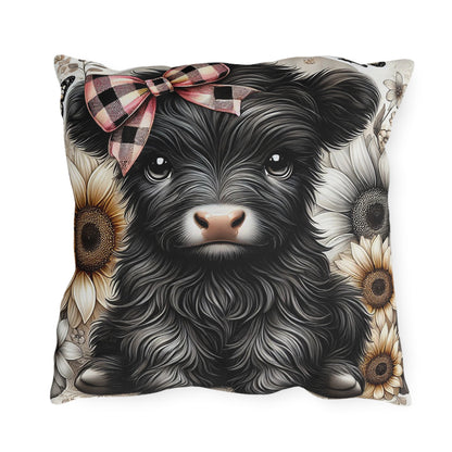 Highland Cow Outdoor Pillow — Cute Cow with Plaid Bow & Sunflowers