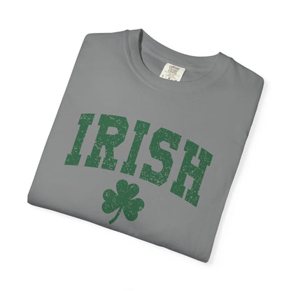 Irish Shamrock T-Shirt — Vintage Green 'IRISH' College Tee for St. Patrick's Day