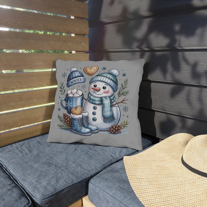 Winter Snowman Outdoor Pillow – Cute Snowman with Hot Cocoa & Cookies