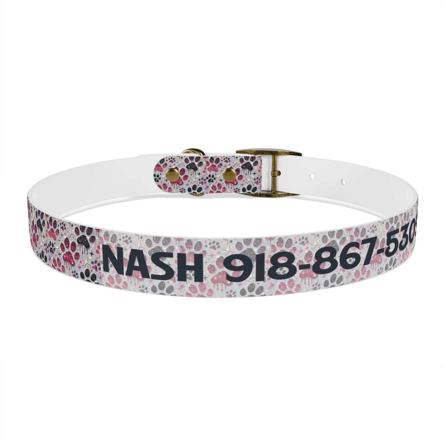 Personalized Paw Print Dog Collar — Custom Name & Phone Number, Cute Pink Gray Pet Collar