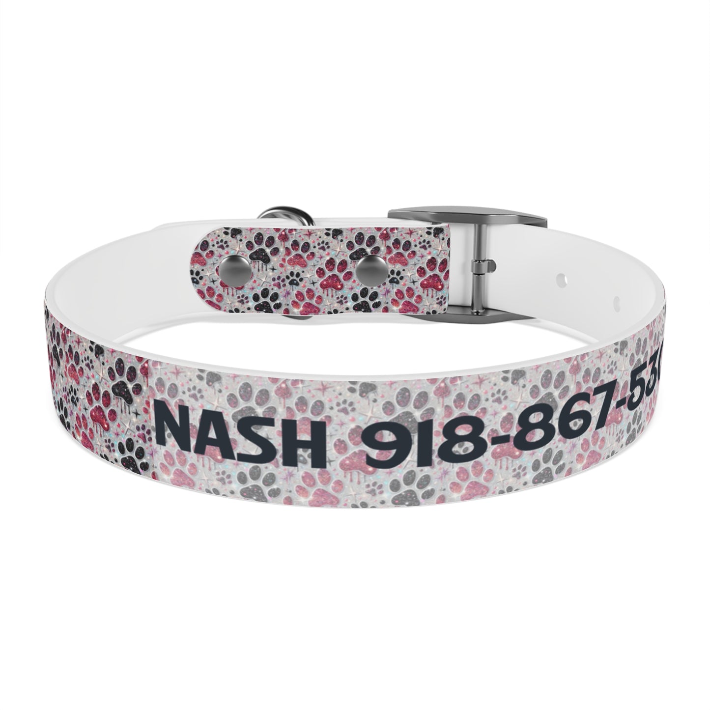 Personalized Paw Print Dog Collar — Custom Name & Phone Number, Cute Pink Gray Pet Collar