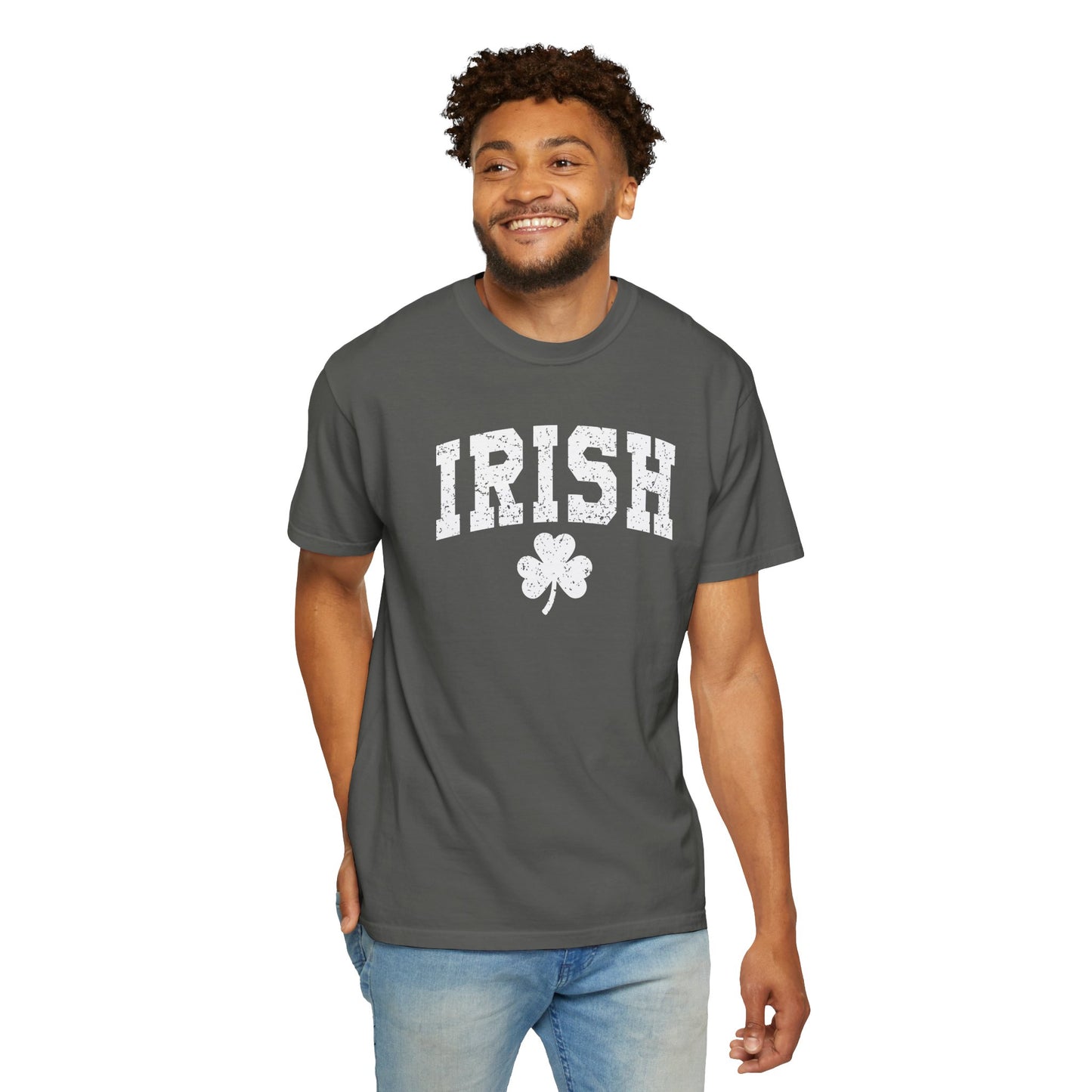 Irish Shamrock T-Shirt — Vintage Green 'IRISH' College Tee for St. Patrick's Day
