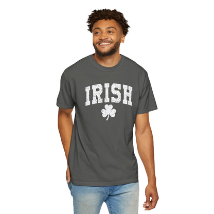 Irish Shamrock T-Shirt — Vintage Green 'IRISH' College Tee for St. Patrick's Day