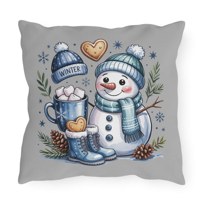 Winter Snowman Outdoor Pillow – Cute Snowman with Hot Cocoa & Cookies