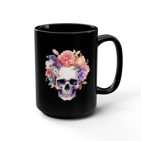 Gothic Floral Skull 15oz Mug Vintage Boho Skull Watercolor Goth Graphic Mug Floral Skull Mug Floral Skull Black Mug 15oz Coffee Cup Gothic Home Decor Halloween Gift