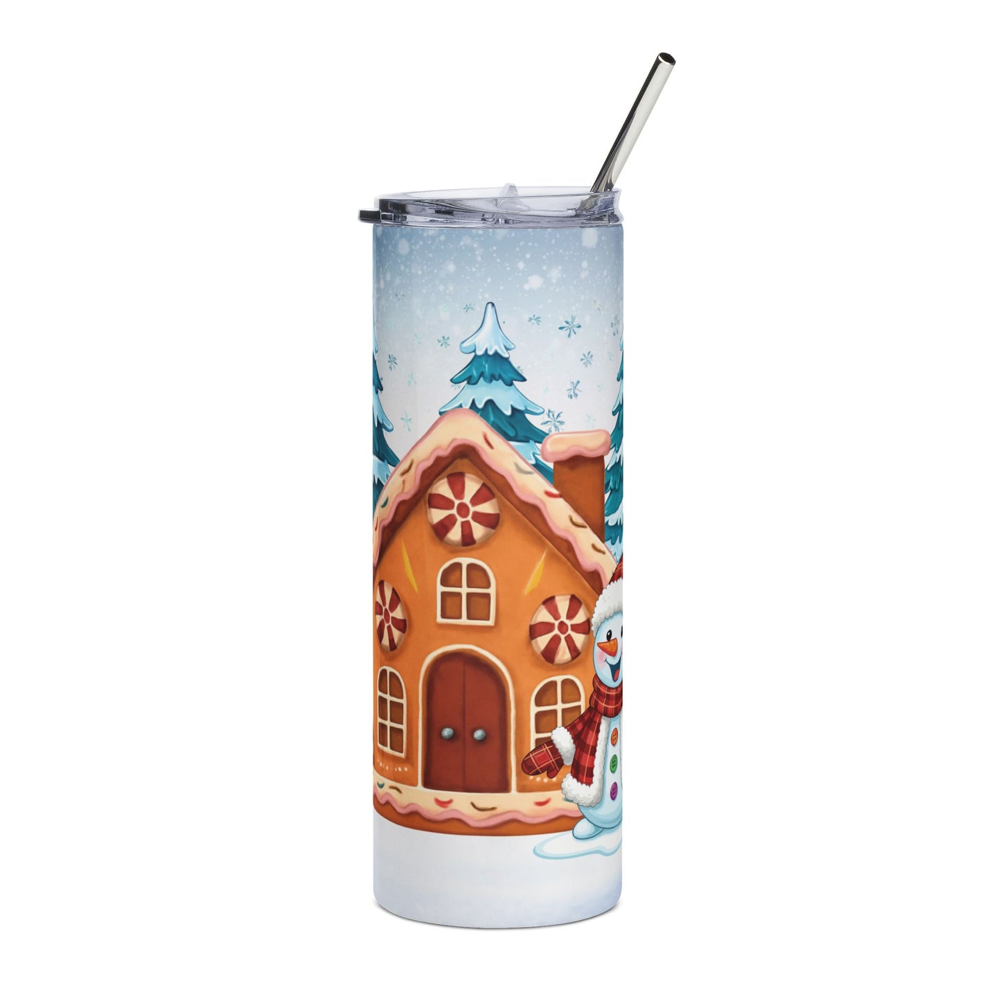 Gingerbread House Snowman Stainless Steel Tumbler - Winter Holiday Travel Cup