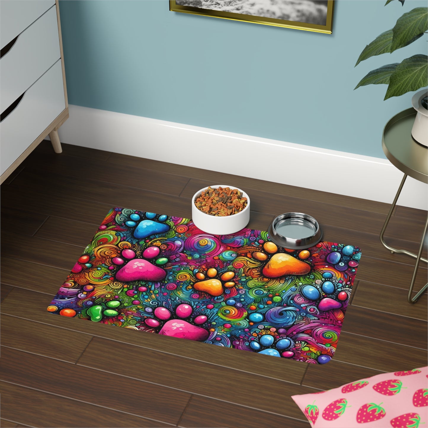 Colorful Paw Print Pet Food Mat — Non-Slip 12x18 Feeding Mat