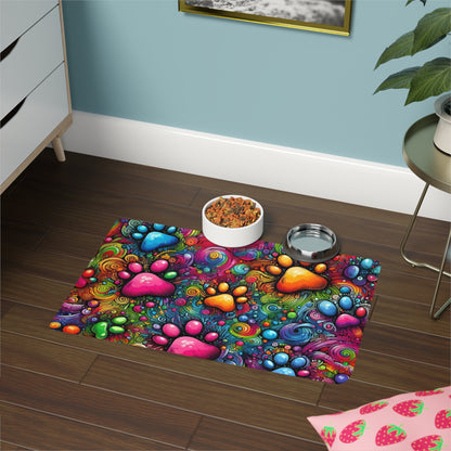 Colorful Paw Print Pet Food Mat — Non-Slip 12x18 Feeding Mat