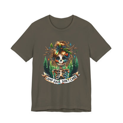 Camp Hair Don't Care Skull T-Shirt, Casual Summer Shirt, Hiking Apparel, Outdoor Fun Gift, Festival Top, Unisex Graphic Tee