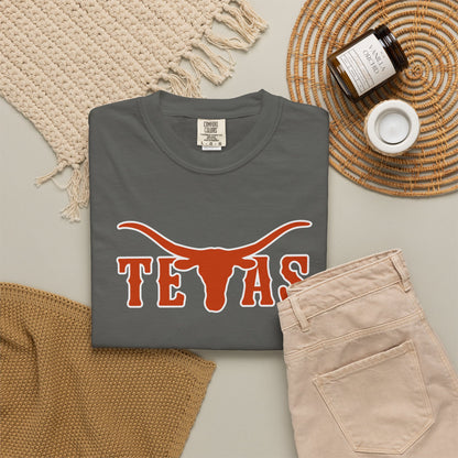 Texas Longhorns Graphic T-Shirt — Burnt Orange "TEXAS" with Longhorn Logo