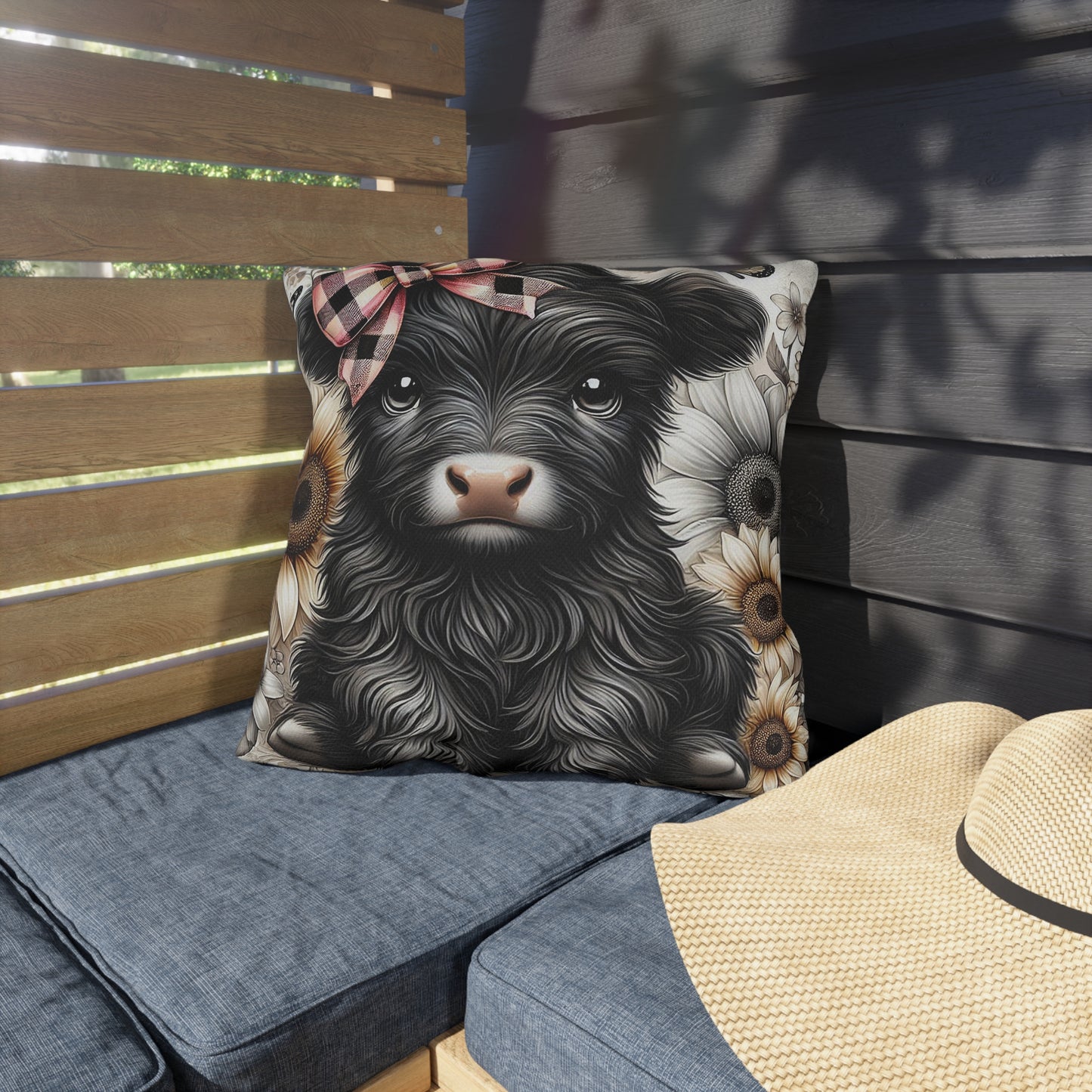 Highland Cow Outdoor Pillow — Cute Cow with Plaid Bow & Sunflowers