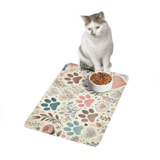 Pastel Paw Print Pet Food Mat — 12 x 18 Waterproof Feeding Mat