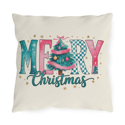 Merry Christmas Outdoor Pillow — Festive Teal & Pink Tree Holiday Cushion
