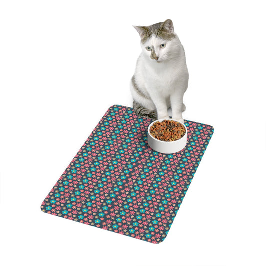 Floral Paw Print Pet Food Mat (12 x 18) - Non-Slip Dining Placemat for Cats & Dogs