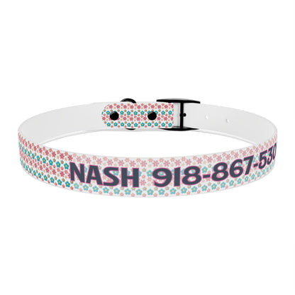 Personalized 3D Floral Dog Collar — Custom Name & Phone Number, Pink Teal Paw-Print Pattern