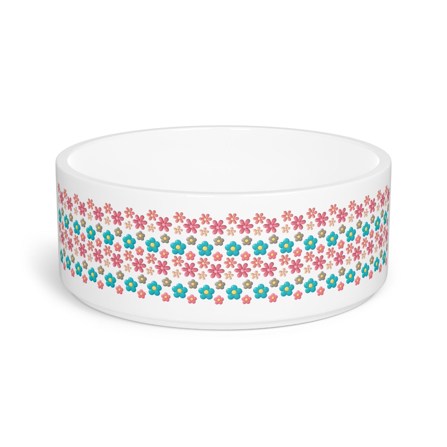 3D Floral Stripe Pet Bowl — Cute Pink & Teal Daisy Pattern