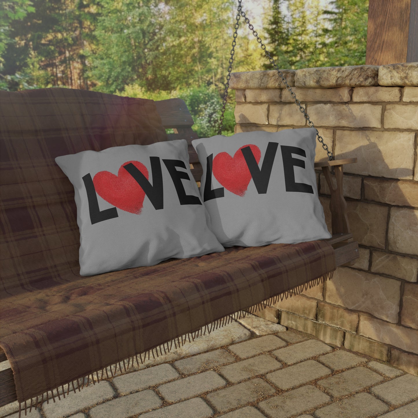 LOVE Heart Outdoor Pillow — Grey Patio Accent Cushion