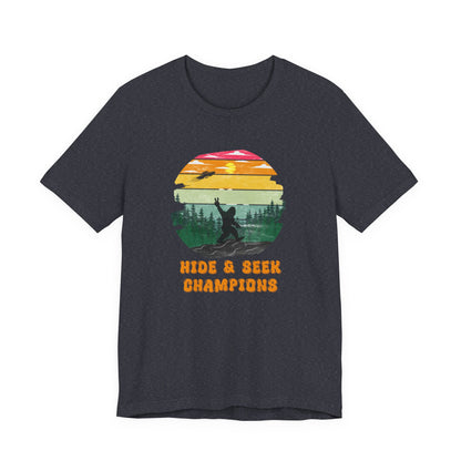 Retro Bigfoot T-Shirt Funny Hide and Seek Champion Graphic Tee Sasquatch Silhouette Sunset Forest Shirt Vintage Cryptid Lover Gift