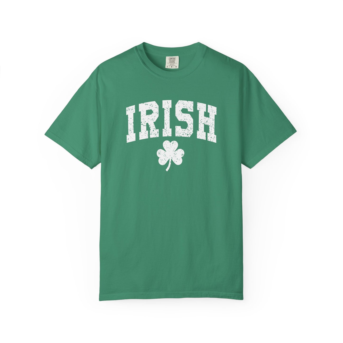 Irish Shamrock T-Shirt — Vintage Green 'IRISH' College Tee for St. Patrick's Day
