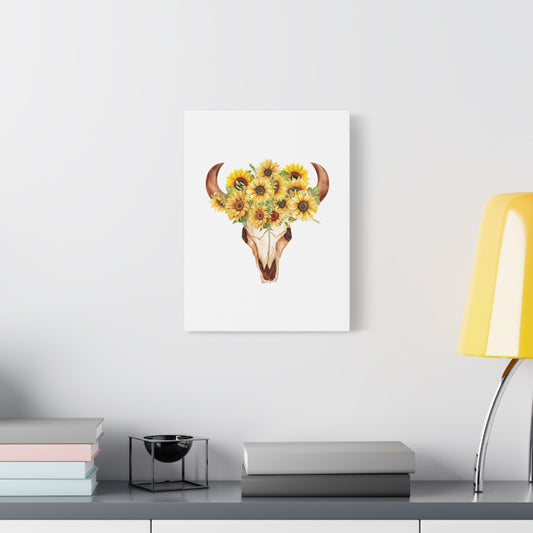 Rustic Bull Skull with Sunflowers Floral Wall Art Canvas Print, Country Home Decor, Cow Skull with Sunflowers, Southwestern Style, Bohemian Wall Hanging
