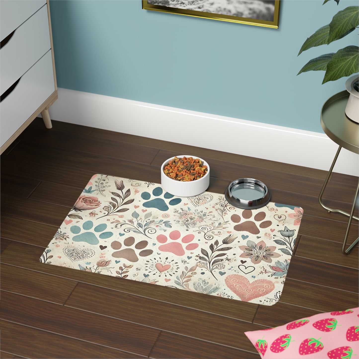 Pastel Paw Print Pet Food Mat — 12 x 18 Waterproof Feeding Mat
