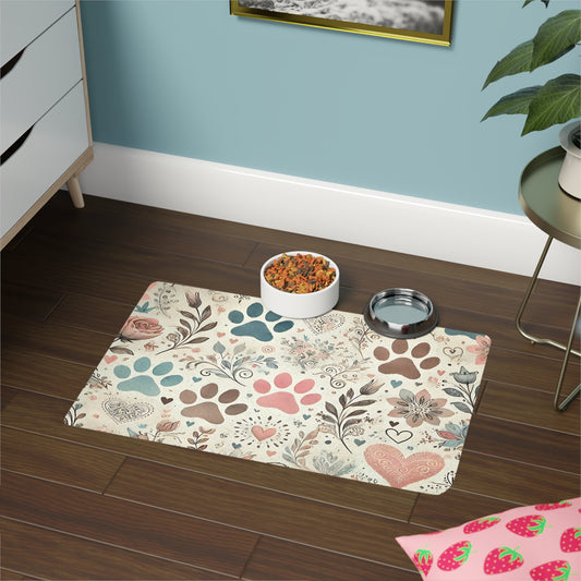 Pastel Paw Print Pet Food Mat — 12 x 18 Waterproof Feeding Mat