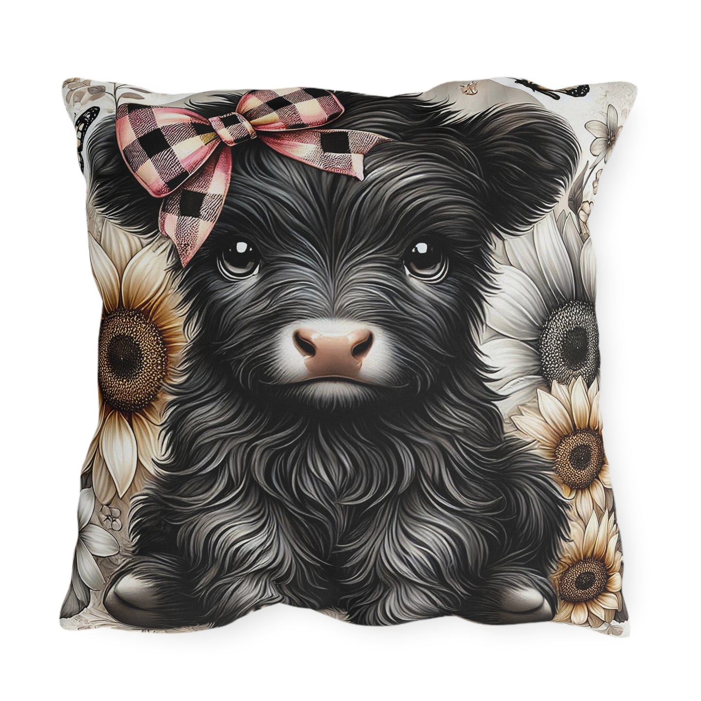Highland Cow Outdoor Pillow — Cute Cow with Plaid Bow & Sunflowers